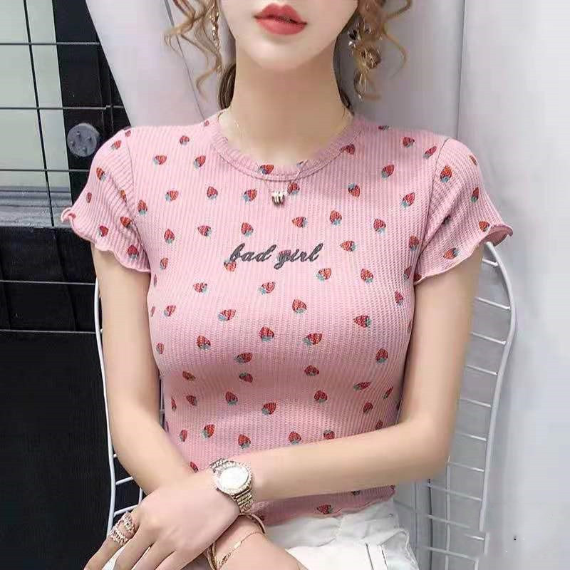 All-match printing tops round neck T-shirt for women