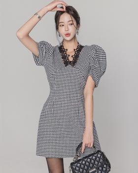 Slim spring lace houndstooth pinched waist Korean style dress