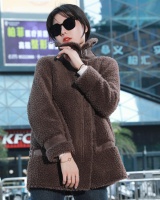 Lambs wool horn buckle coat cstand collar long fur coat