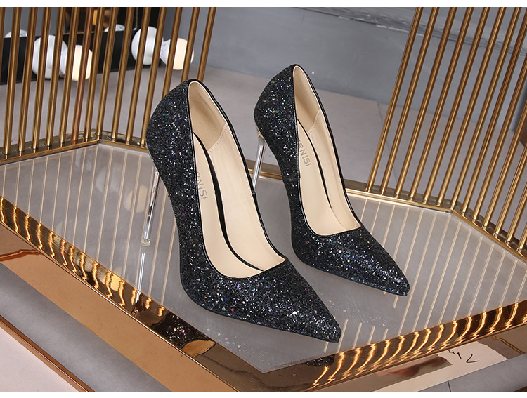 Pointed low European style shoes sexy sequins stilettos