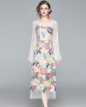 Ladies embroidery embroidered pinched waist light slim dress