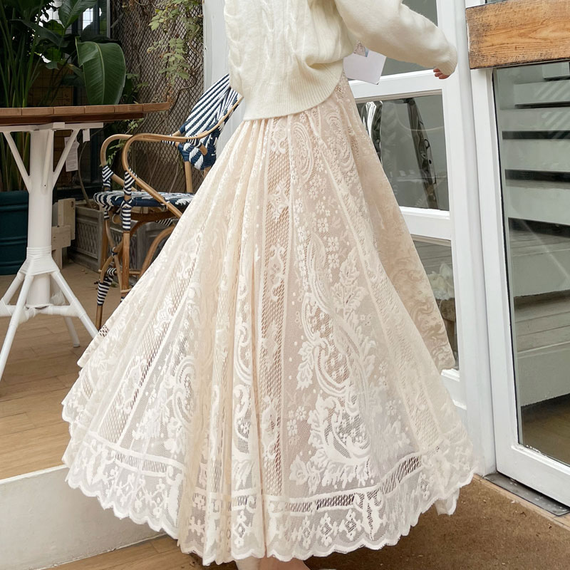 Court style large hem lady lace long spring skirt