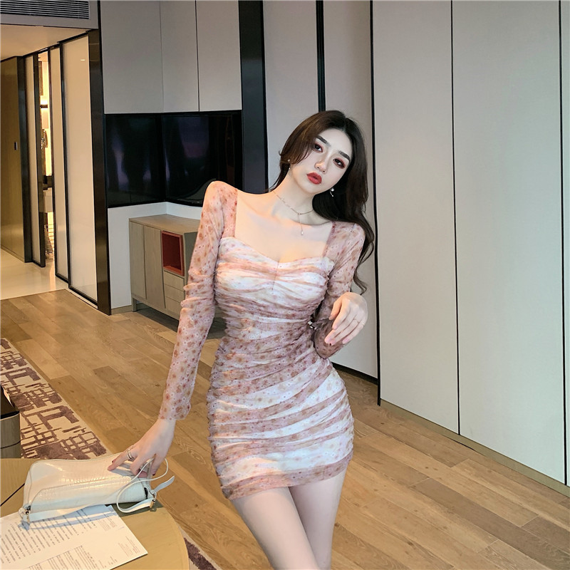 Slim autumn pinched waist printing lace dress
