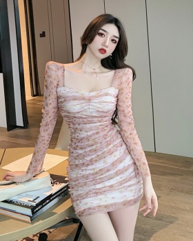 Slim autumn pinched waist printing lace dress