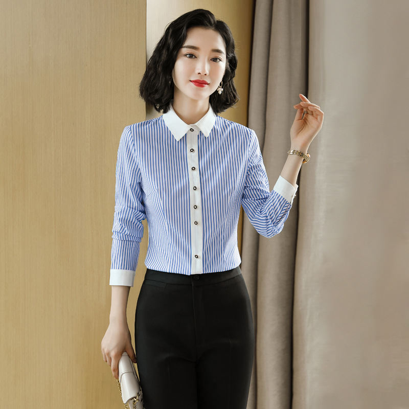 Blue autumn shirt Korean style stripe business suit