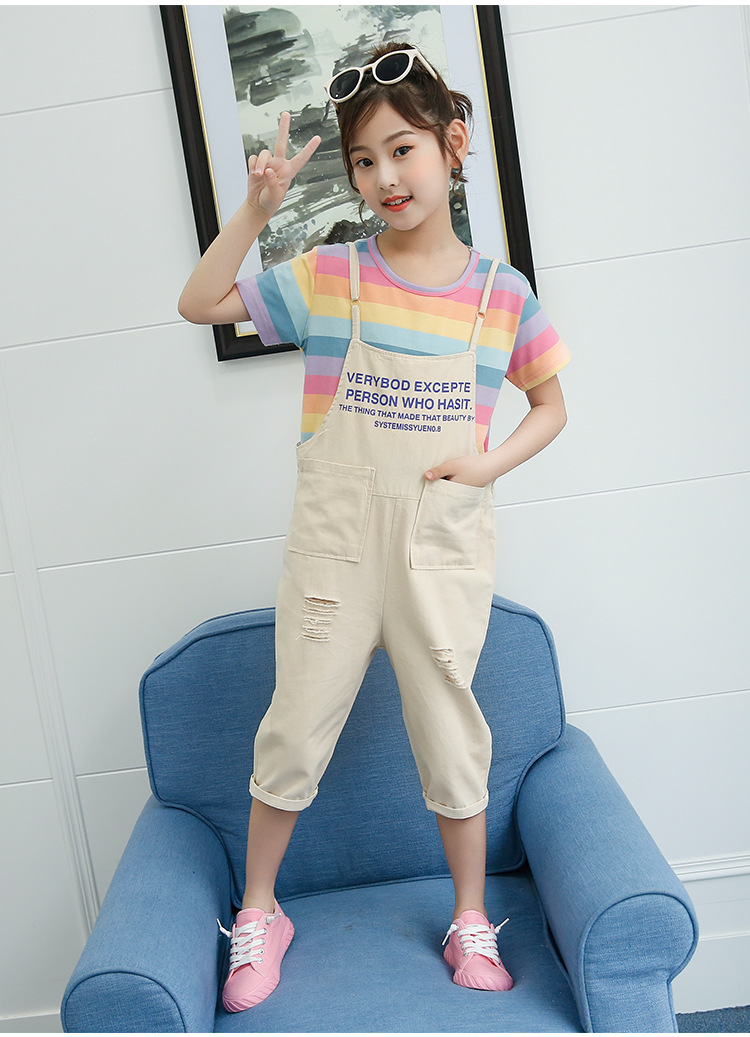 Girl child bib pants stripe summer kids 2pcs set