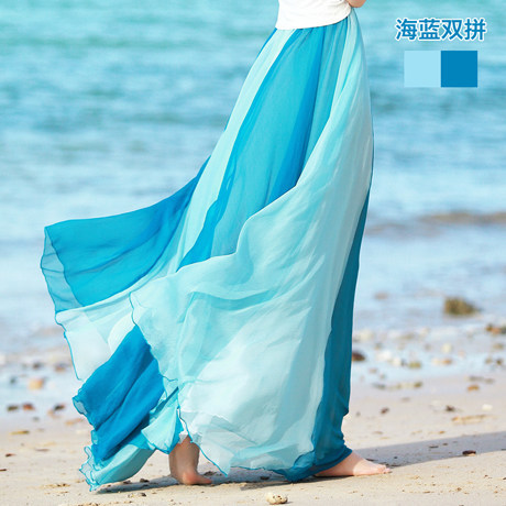 Summer big skirt skirt double color splice long skirt