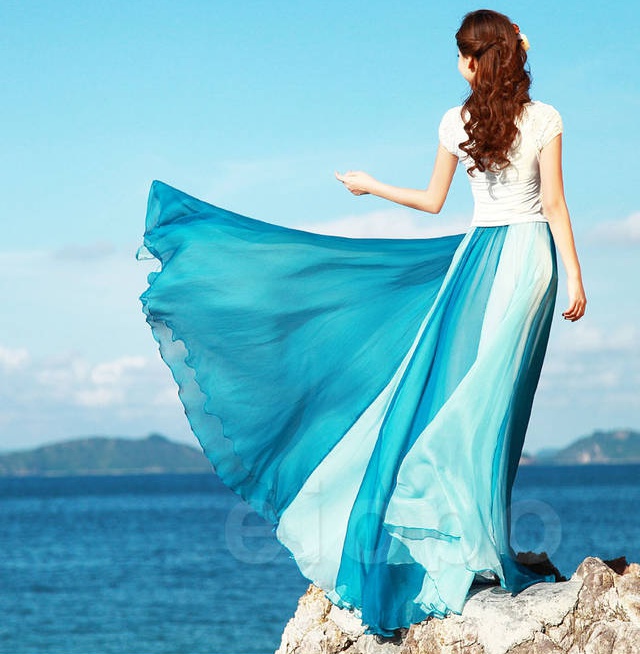 Summer big skirt skirt double color splice long skirt