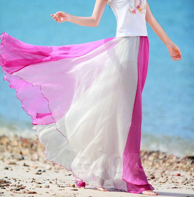 Summer big skirt skirt double color splice long skirt