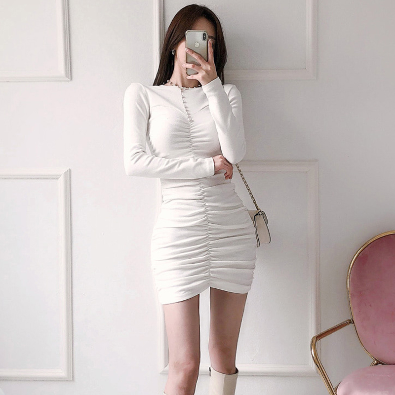 Knitted package hip round neck slim dress for women