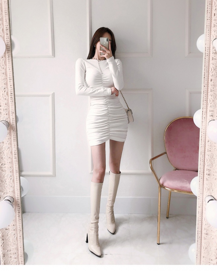 Knitted package hip round neck slim dress for women