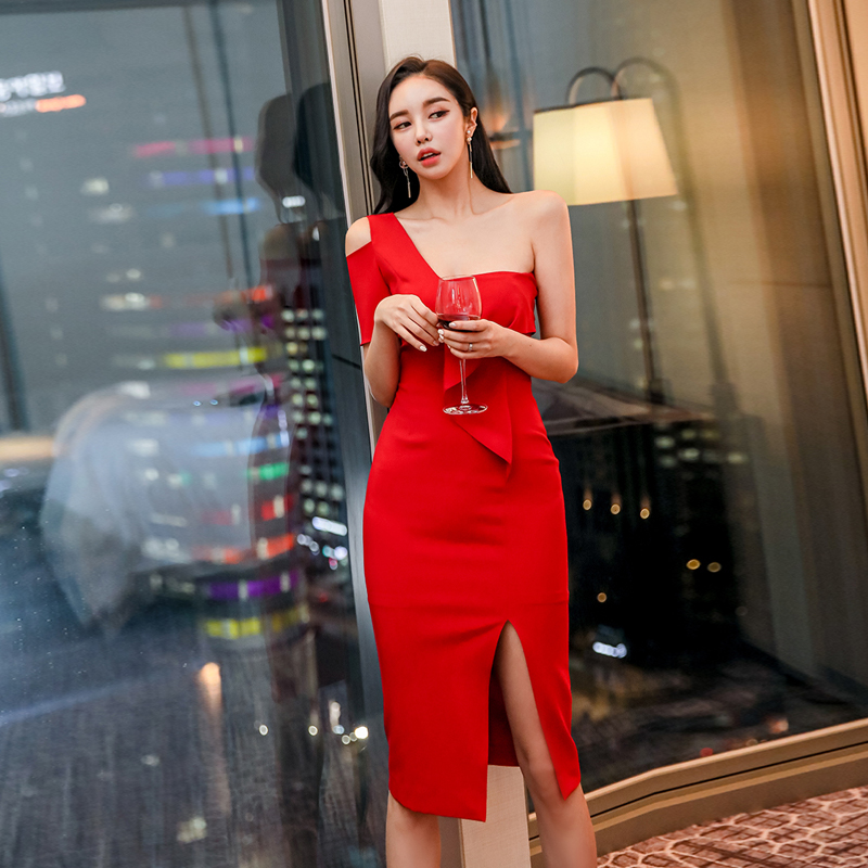 Korean style halter slim dress sexy split evening dress