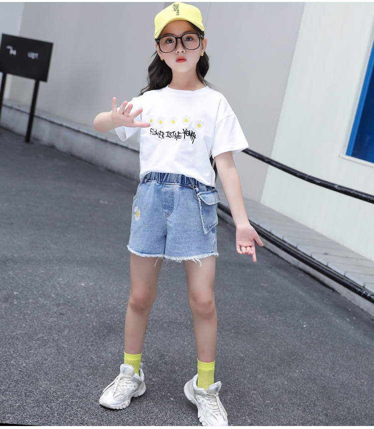 Korean style daisy short jeans summer T-shirt 2pcs set