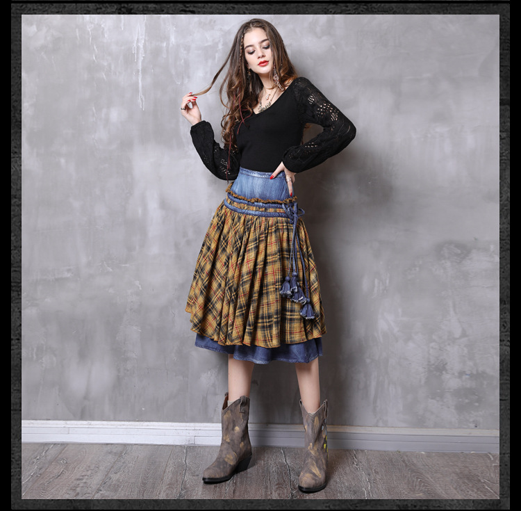 Big skirt denim retro winter plaid splice skirt for women