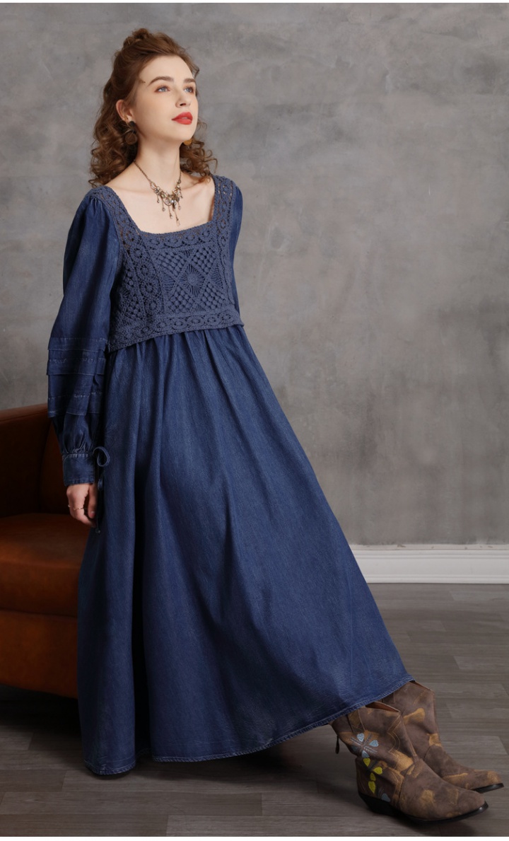 Loose Pseudo-two spring retro square collar hollow binding dress