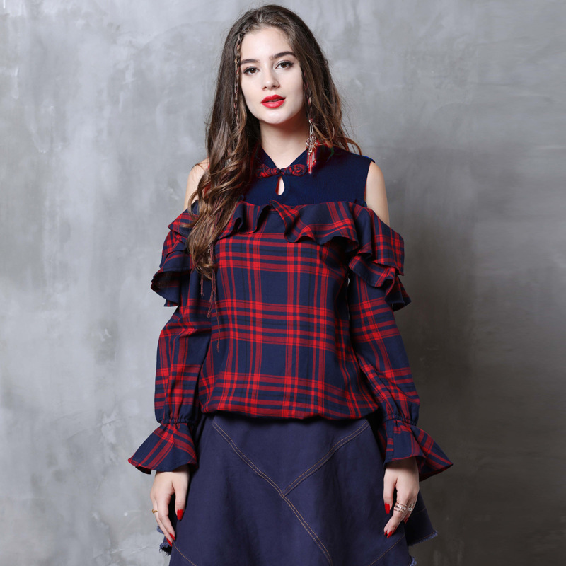 Autumn long sleeve small shirt strapless plaid shirt