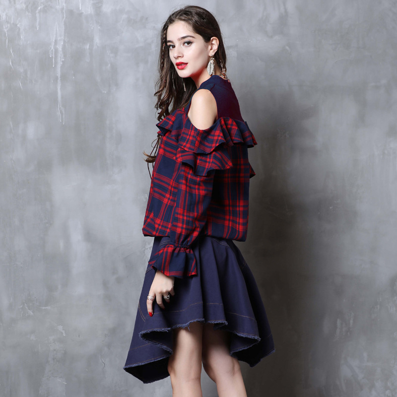 Autumn long sleeve small shirt strapless plaid shirt