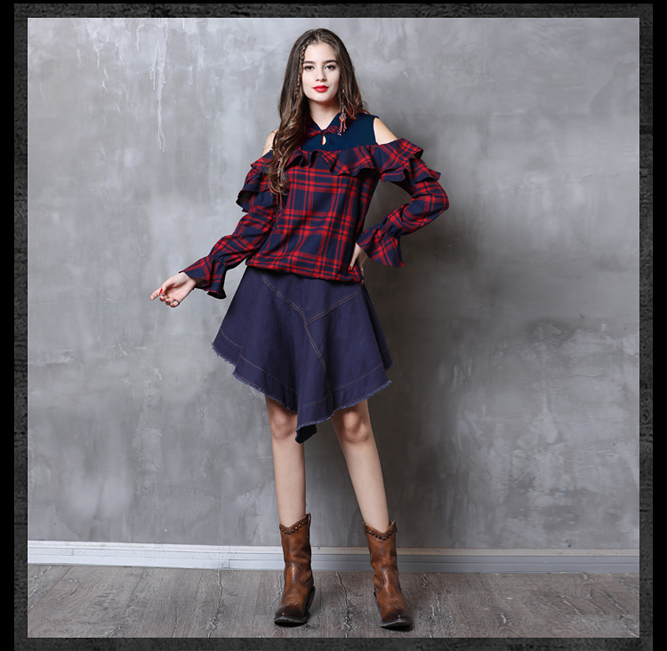 Autumn long sleeve small shirt strapless plaid shirt