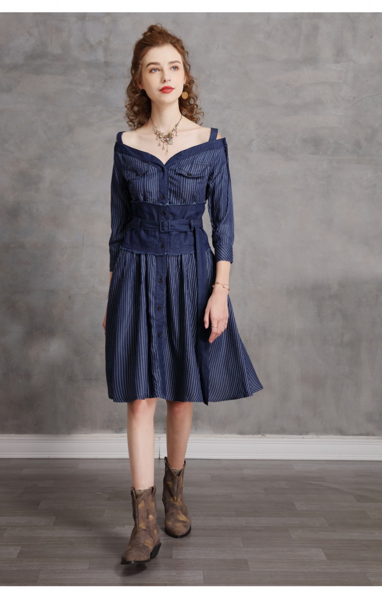 Denim spring dress horizontal collar wide waist T-back