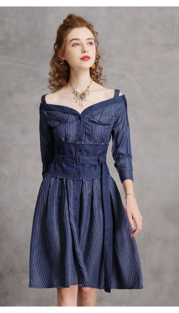 Denim spring dress horizontal collar wide waist T-back