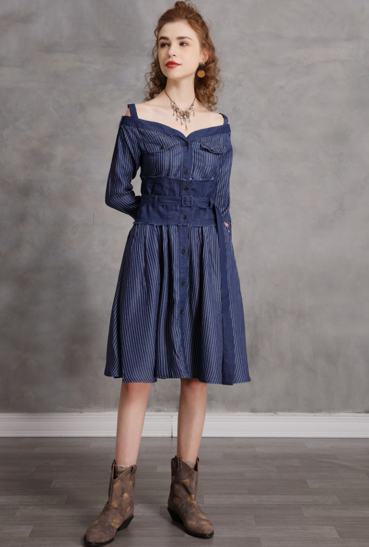 Denim spring dress horizontal collar wide waist T-back