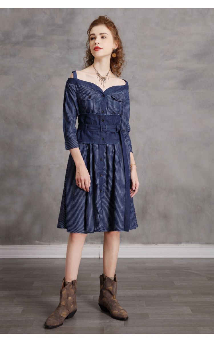 Denim spring dress horizontal collar wide waist T-back