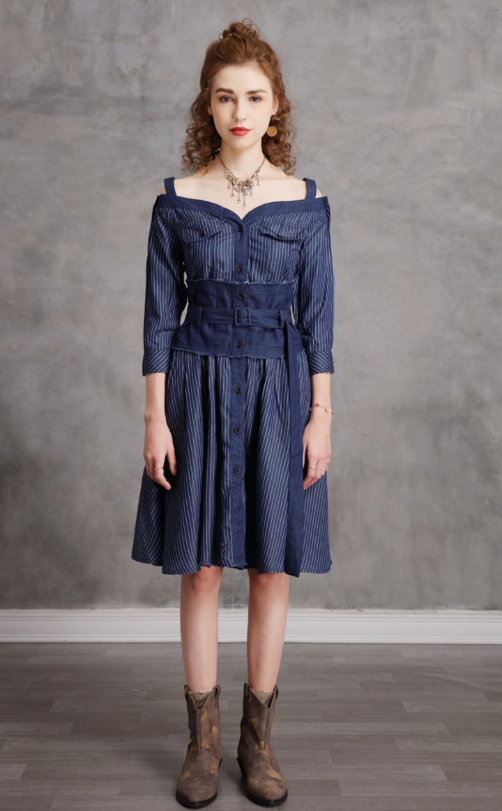 Denim spring dress horizontal collar wide waist T-back