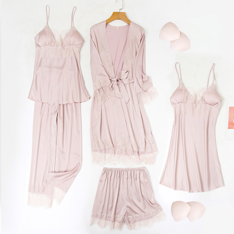 Lace satin pajamas homewear nightgown 5pcs set for women