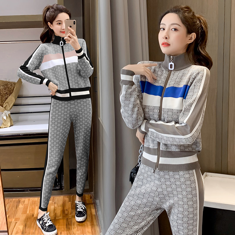 Fashion knitted long pants autumn and winter coat 2pcs set