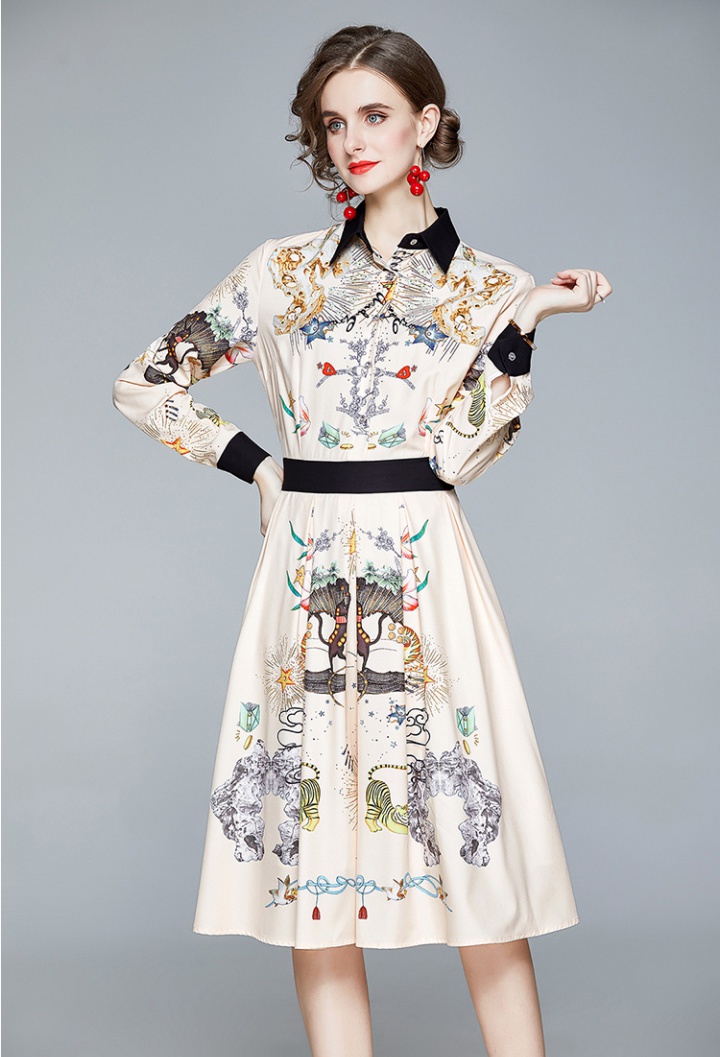 Pinched waist printing long sleeve long dress slim lady dress