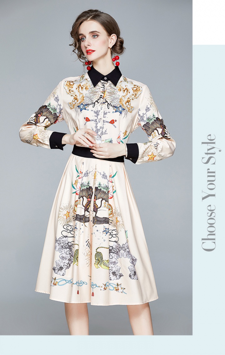 Pinched waist printing long sleeve long dress slim lady dress