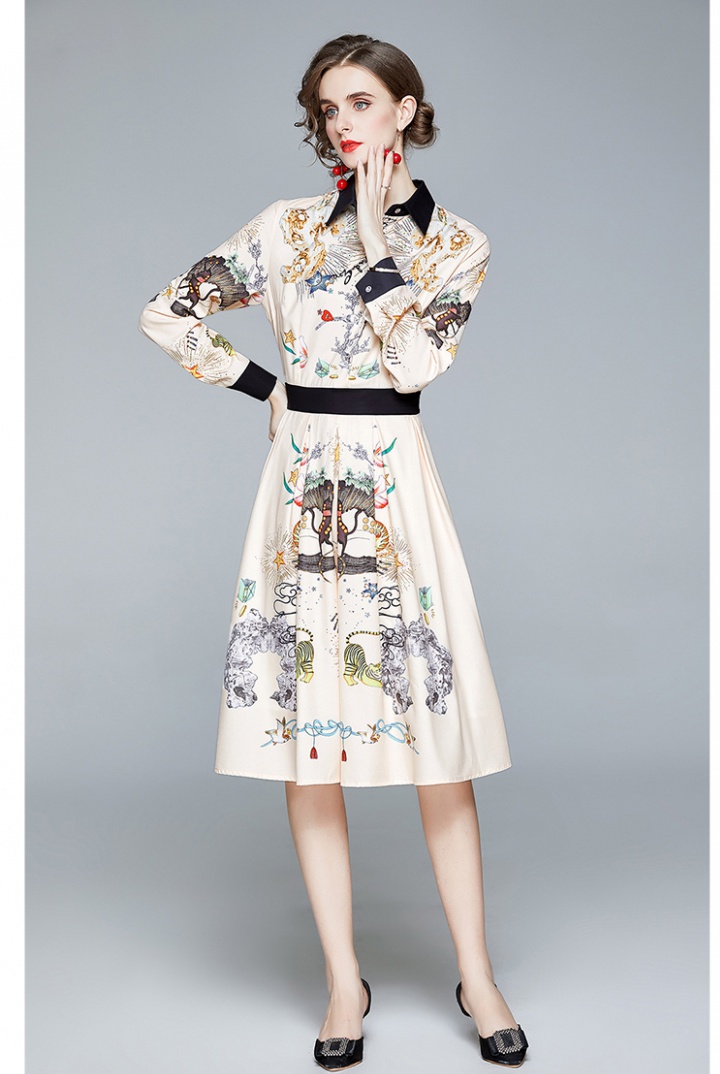 Pinched waist printing long sleeve long dress slim lady dress