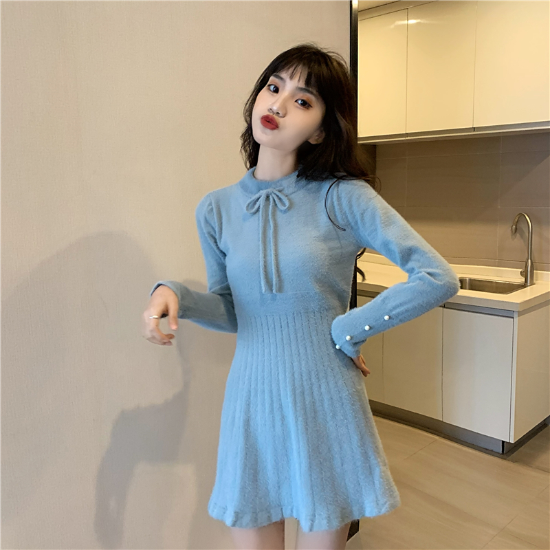 Imitation of mink hair retro sweater dress bow dress