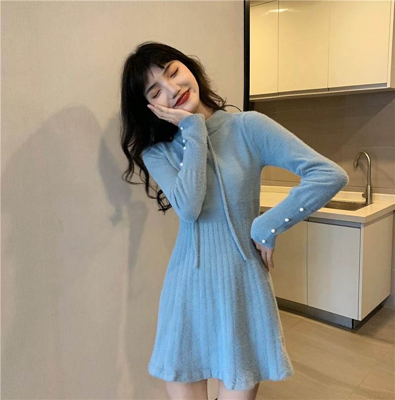 Imitation of mink hair retro sweater dress bow dress