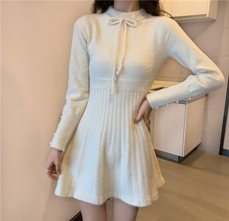 Imitation of mink hair retro sweater dress bow dress