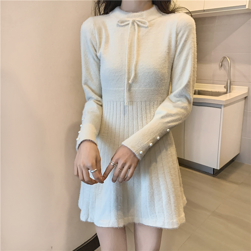 Imitation of mink hair retro sweater dress bow dress