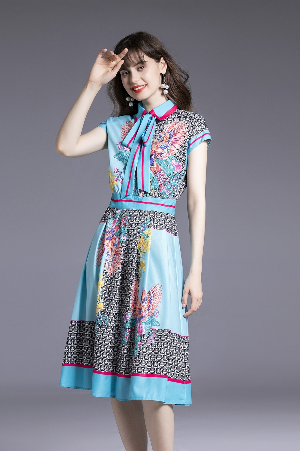 Printing lapel fashion streamer European style light dress