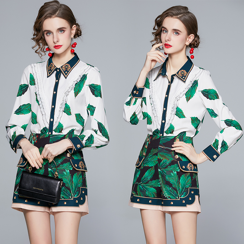 Lapel fashion shorts lotus leaf edges shirt 2pcs set