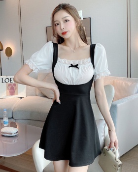 Square collar pinched waist lace dress for women