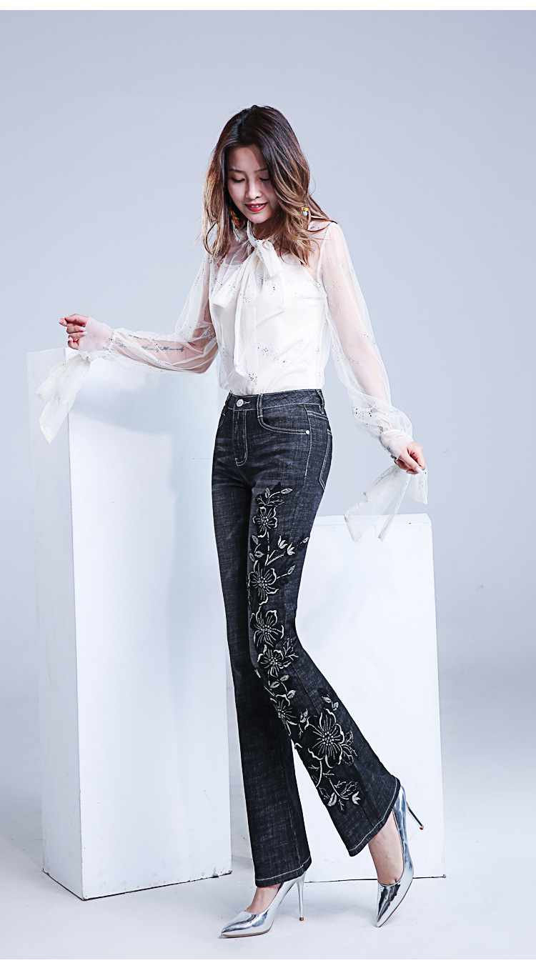 Black embroidered flowers long pants beading high waist jeans