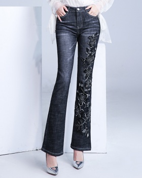 Black embroidered flowers long pants beading high waist jeans