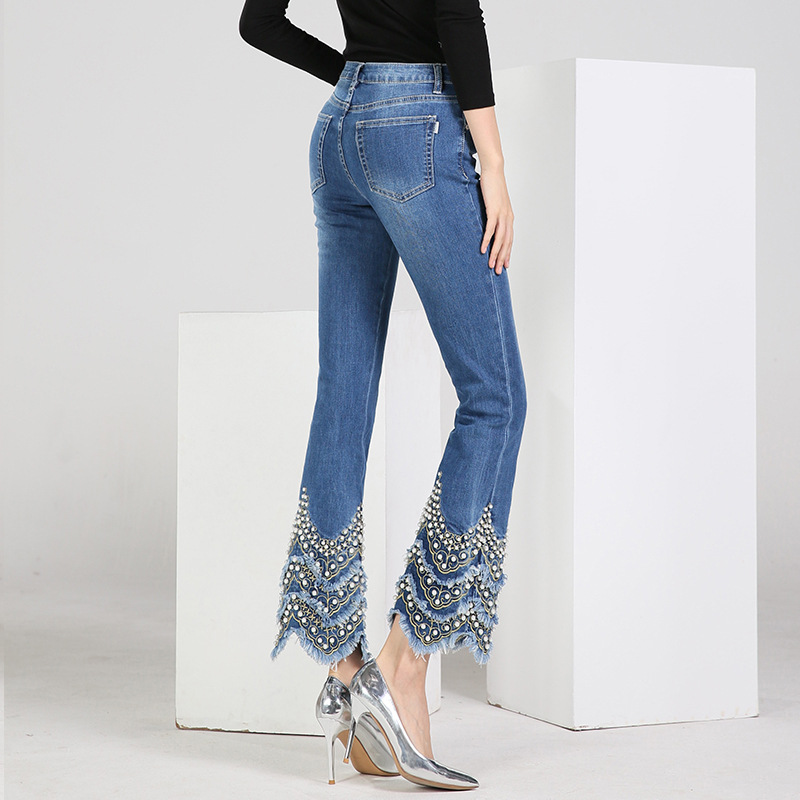 Autumn high waist jeans beading long pants for women