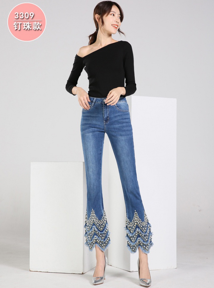 Autumn high waist jeans beading long pants for women