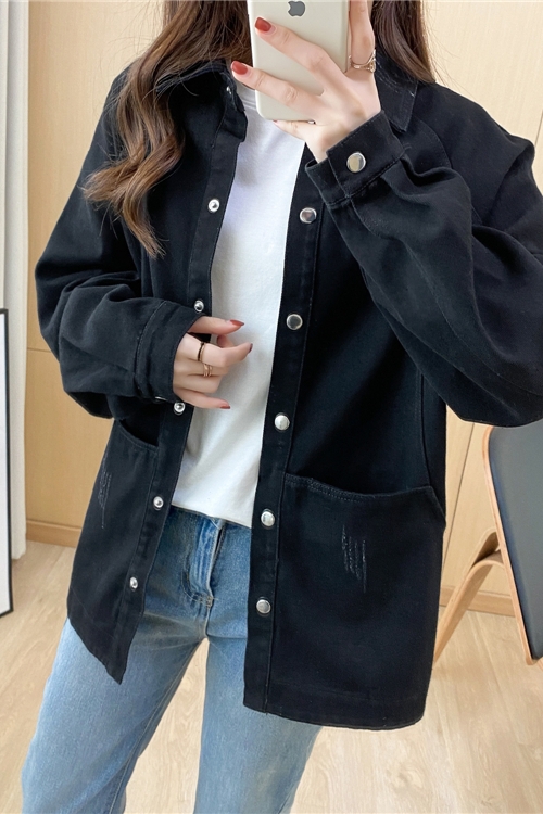 All-match denim loose tops black Korean style jacket