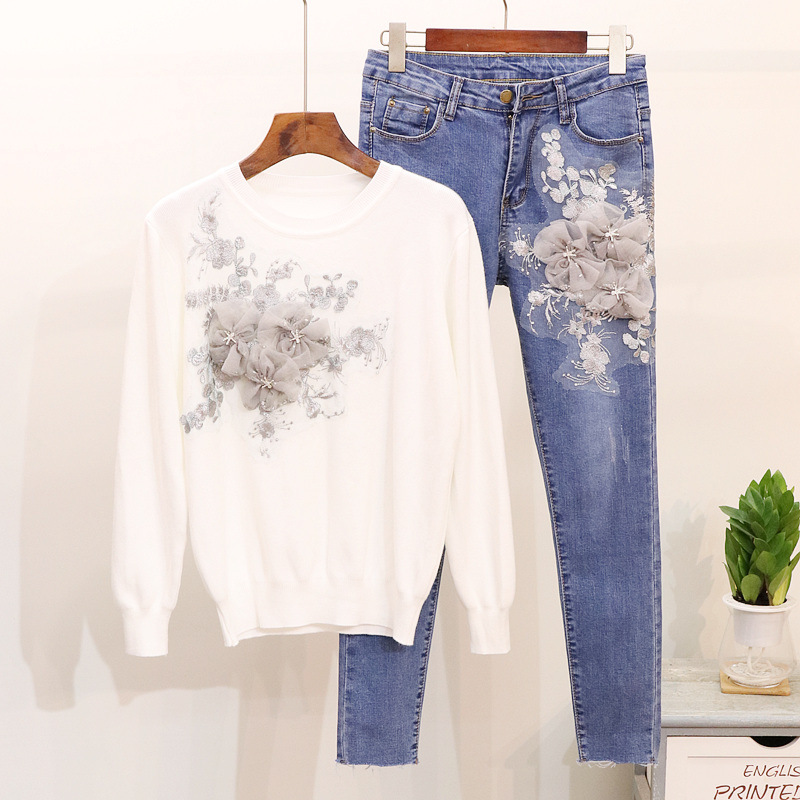 Stereoscopic embroidery jeans feet sweater a set for women