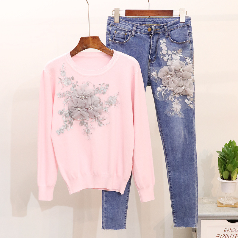Stereoscopic embroidery jeans feet sweater a set for women