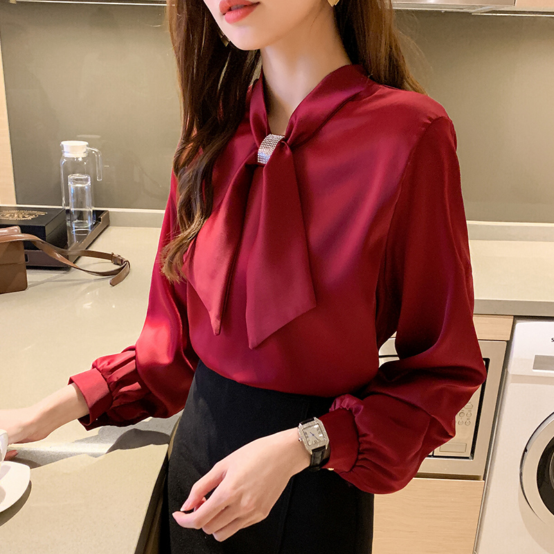 All-match long sleeve tops spring bow shirt for women