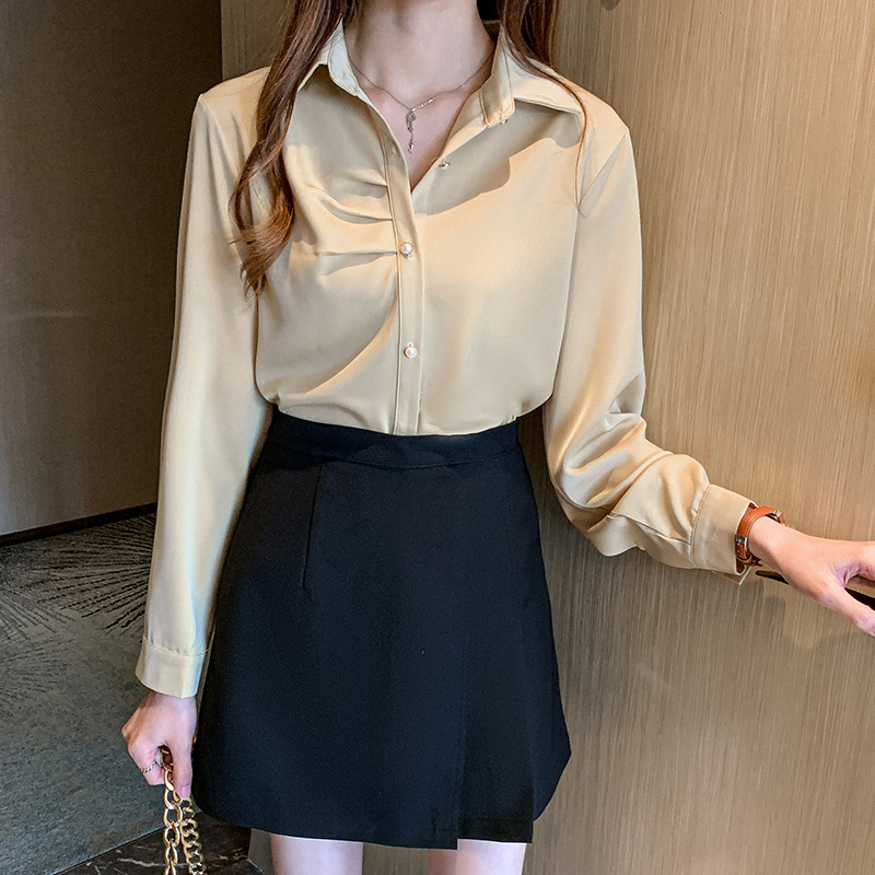 All-match long sleeve tops spring satin shirt for women