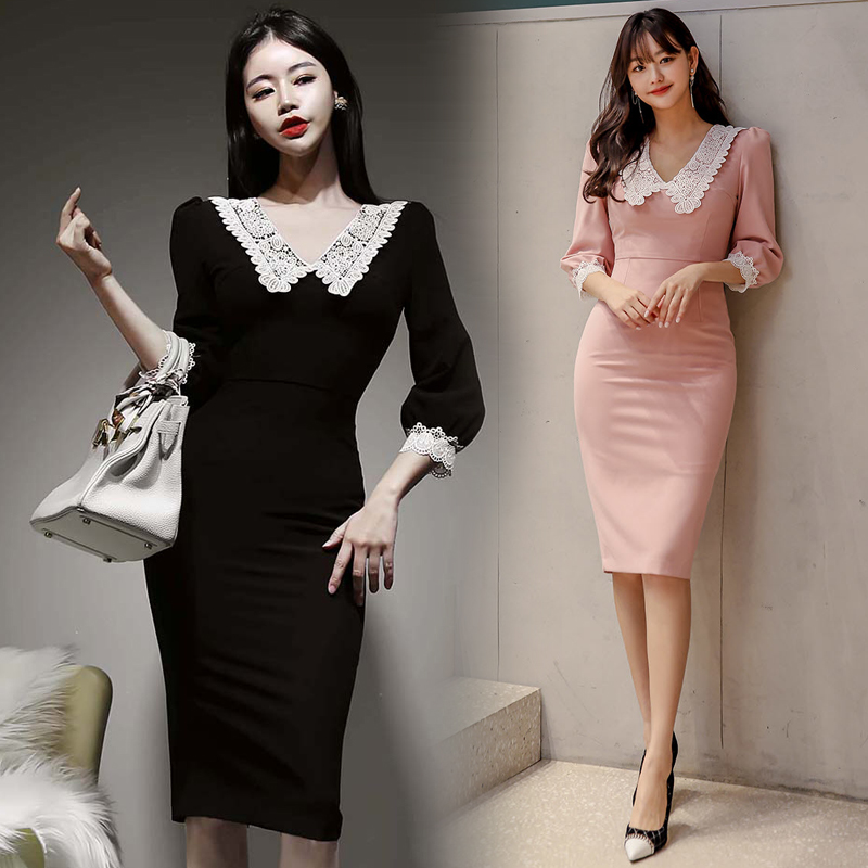 Slim V-neck spring lace splice mixed colors dress