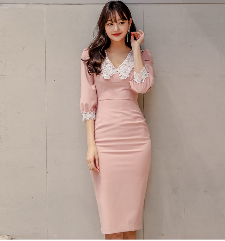 Slim V-neck spring lace splice mixed colors dress